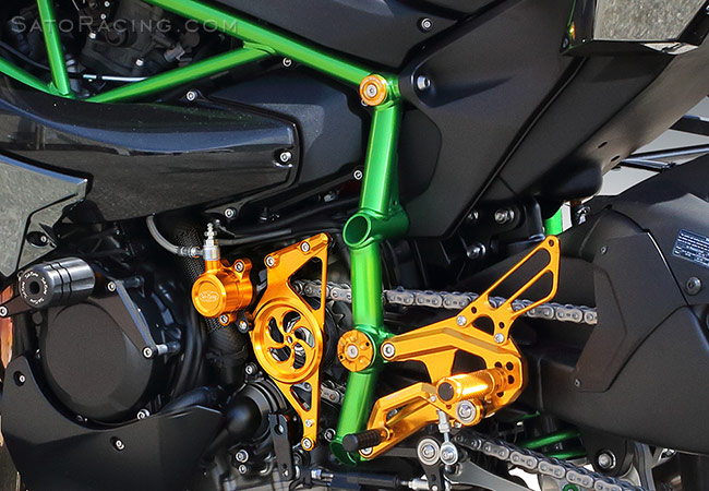 SATO RACING Frame Plugs, Clutch Slave Cylinder, Shift Spindle Holder, Rear Sets and Engine Sliders on a 2015 Kawasaki Ninja H2