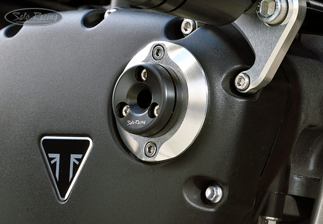 ATO RACING Triumph Timing Hole Plug and Frame Sliders on a Thruxton RS - R-side
