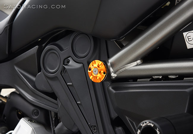 SATO RACING Frame Plugs on a Ducati XDiavel (right side)