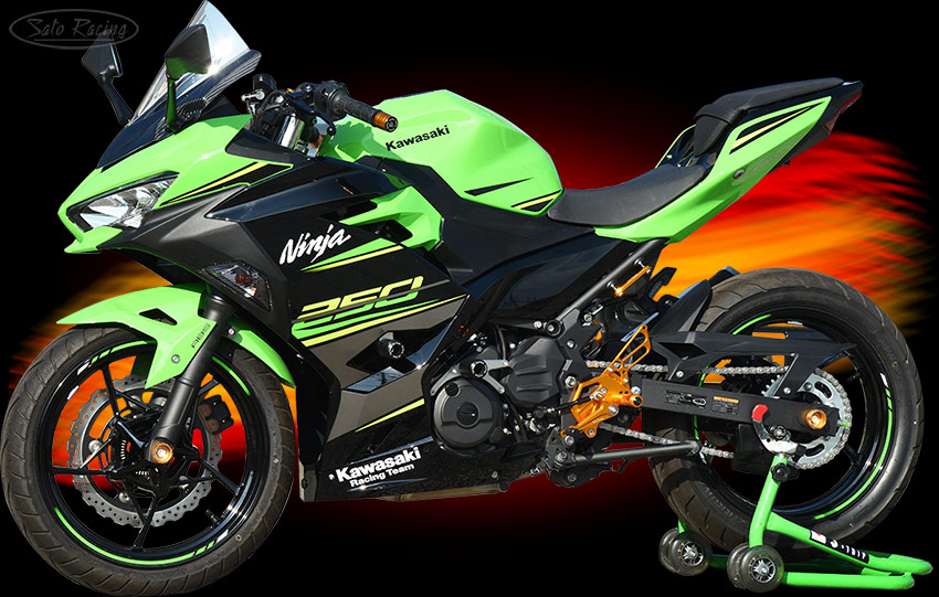 2018 Ninja 250 with SATO RACING Rear Sets, Frame Sliders, Engine Sliders, Bar Ends and other parts.