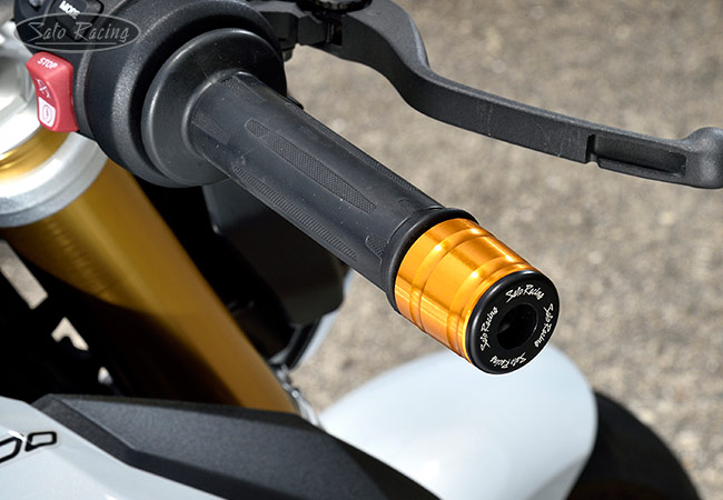 SATO RACING Handle Bar Ends in GOLD on a BMW F900R