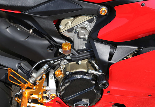 SATO RACING Frame Plugs and other parts on a Ducati 1199 Panigale [R]-side