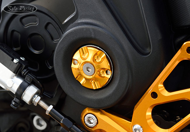 SATO RACING lower Frame Plugs on a Ducati Diavel 1260 (left side)