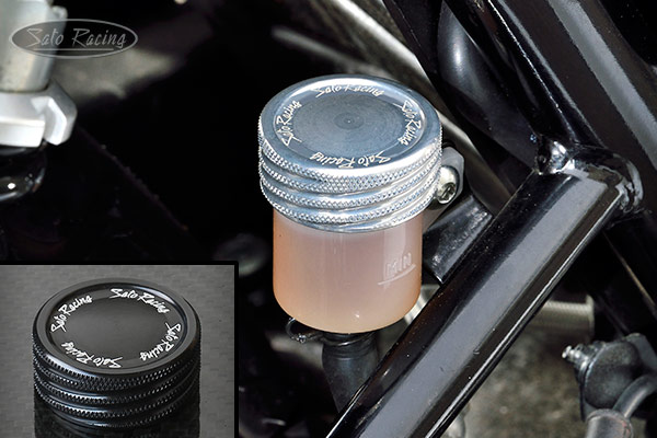 SATO RACING rear brake reservoir cap on a Royal Enfield INT650