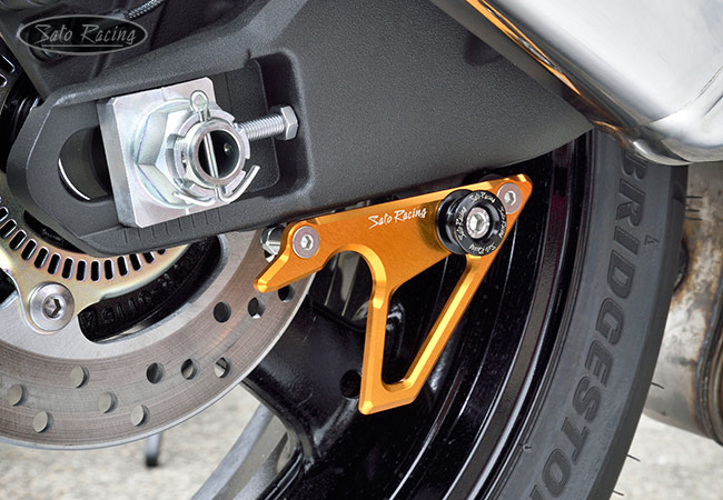 SATO RACING Gold anodized Race Stand Hooks with Black Spools on a 2021 Kawasaki ZX-10R