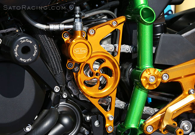 SATO RACING Shift Spindle Holder and other parts on a '15 Kawasaki H2