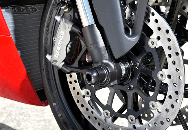 SATO RACING Front Axle Sliders on a Panigale V2