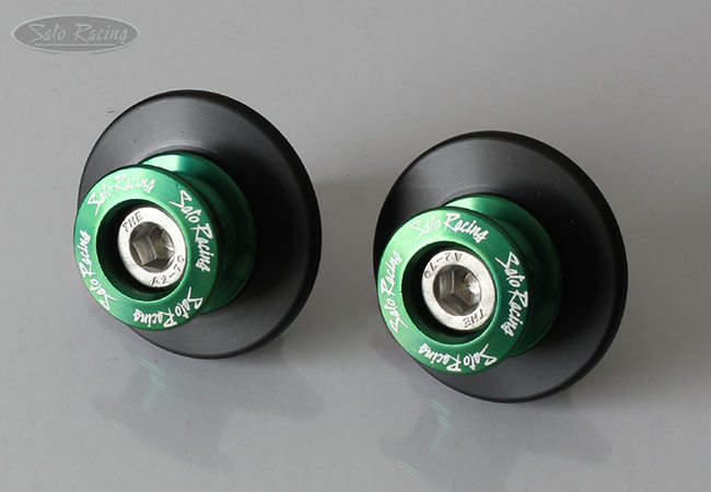 SATO RACING type 2 aluminum Swingarm Spools in GREEN with Delrin backing rings