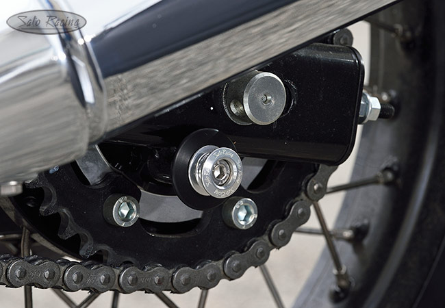 SATO RACING type 2 aluminum Swingarm Spools with Delrin backing rings on a Royal Enfield INT650
