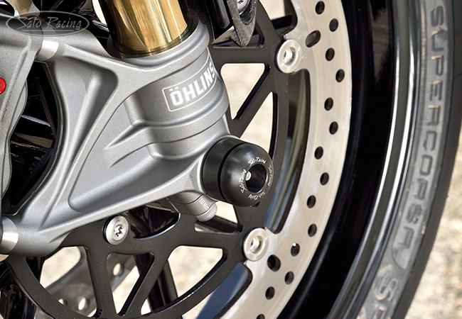 SATO RACING Front Axle Sliders on a Speed Triple RR