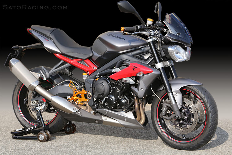 2015 Triumph Street Triple R with SATO RACING Frame Sliders, Engine Sliders, Front Axle Sliders, Spools, Rear Sets, and other parts