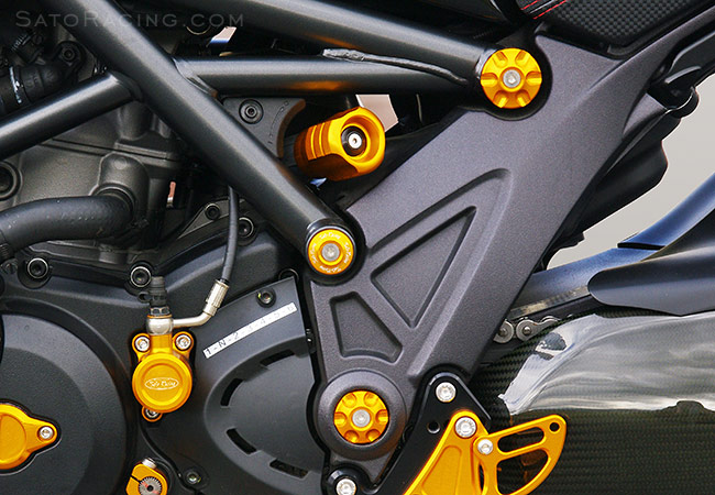 Sato Racing Frame Plugs and other parts on a Ducati Diavel [L]