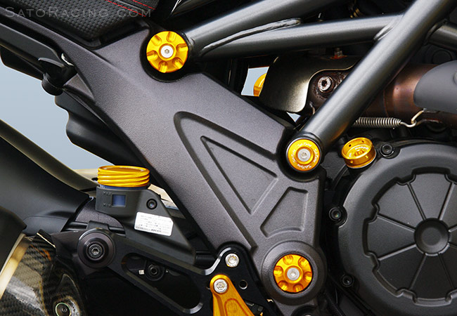 Sato Racing Frame Plugs and other parts on a Ducati Diavel [R]